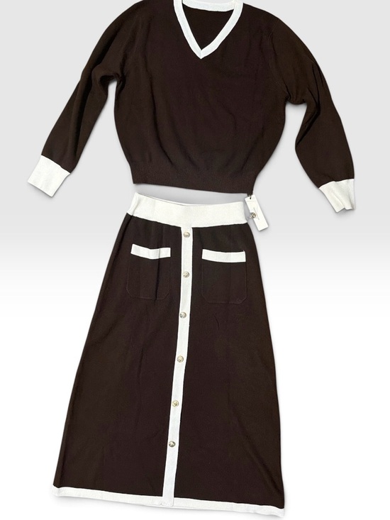 Commense Dresses & Skirts - Commense V-Neck Sweater and Button-Front Maxi Skirt Set - Brown & White